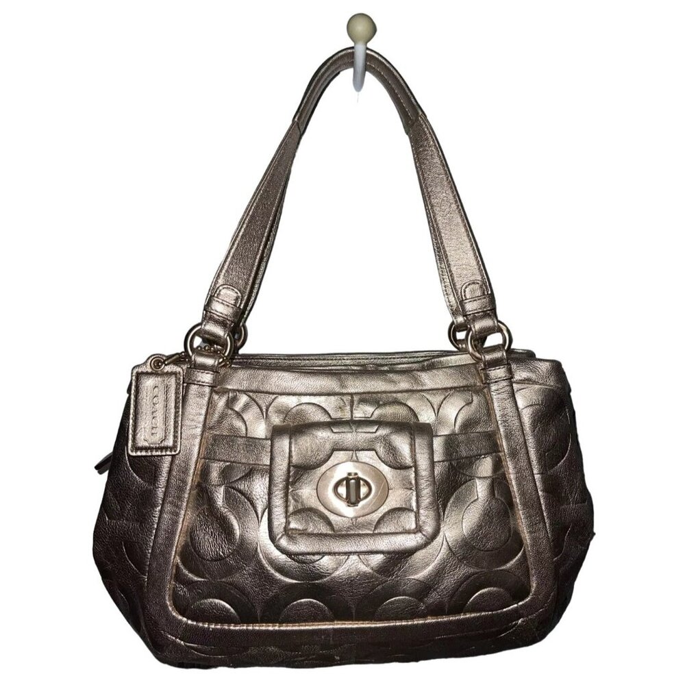 COACH Metallic Rose Gold Embossed C Logo Quilted Leather Satchel Handbag 13607